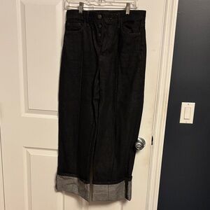 Dark Wash Wide-Leg Jeans with Cuffed Hem